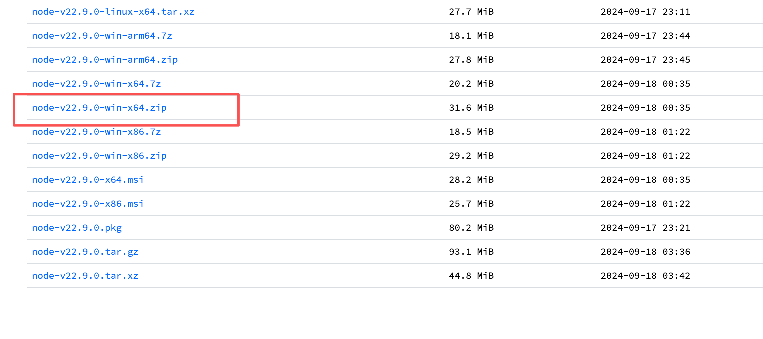 在清华镜像站下载 node-v22.9.0-win-x64.zip