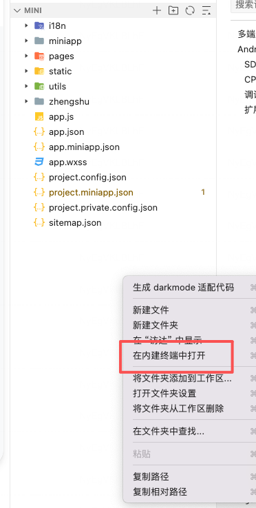 右键选择在内建终端中打开